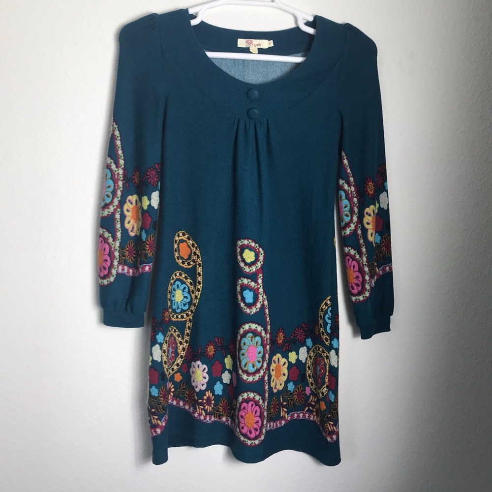 Aryeh teal long Slv floral dress s